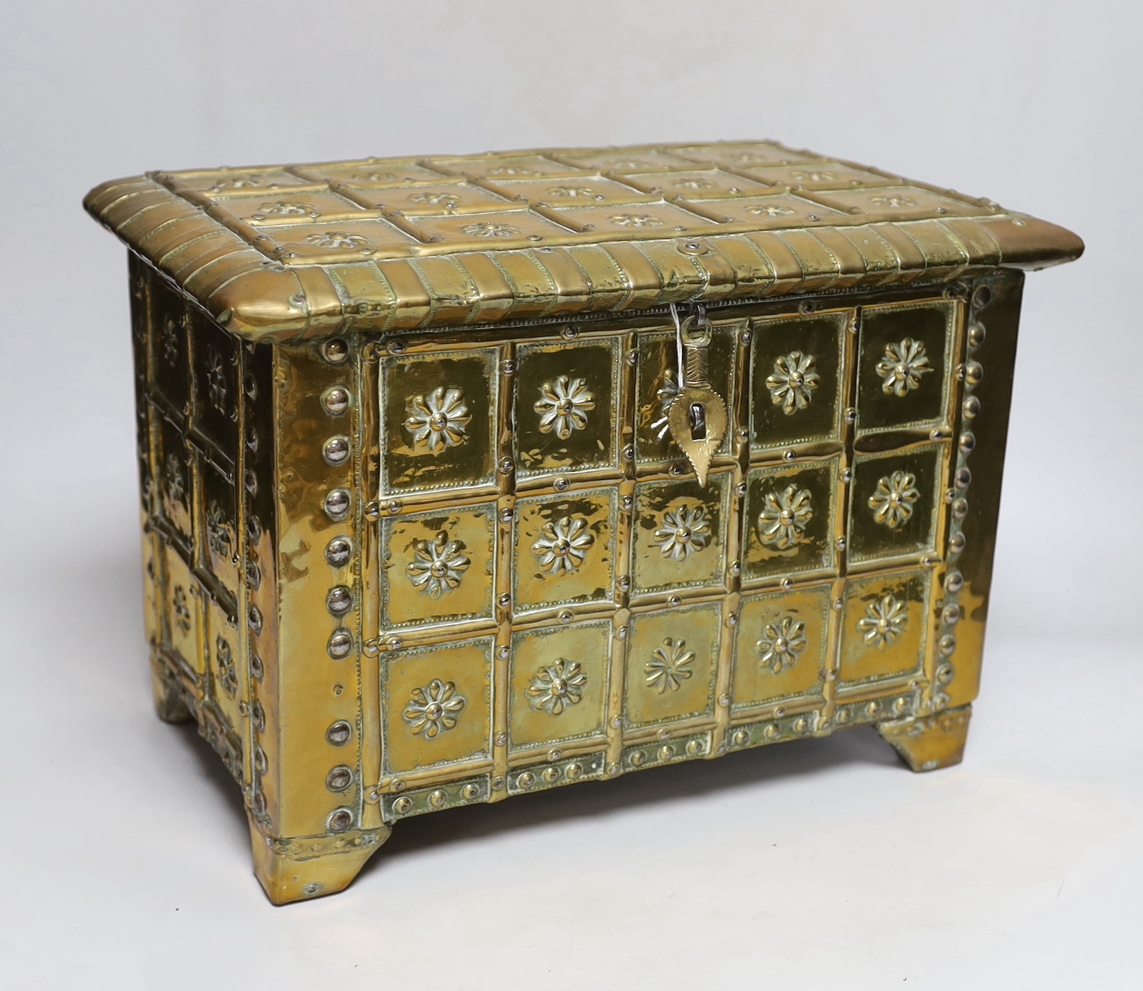 An 18th century brass bound chest, 36cm wide, 25.5cm high